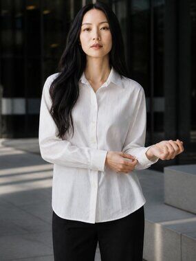 STYLE & CO. Stretch, Elegant White Metallic Striped Button-Up Blouse, Size 14